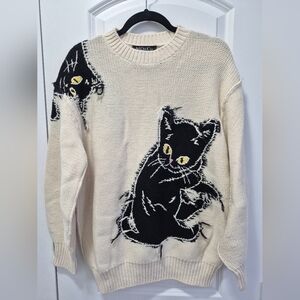 MO&Co. Women's Contrast Cat Ripped Sweater, Small, Off-white And Black